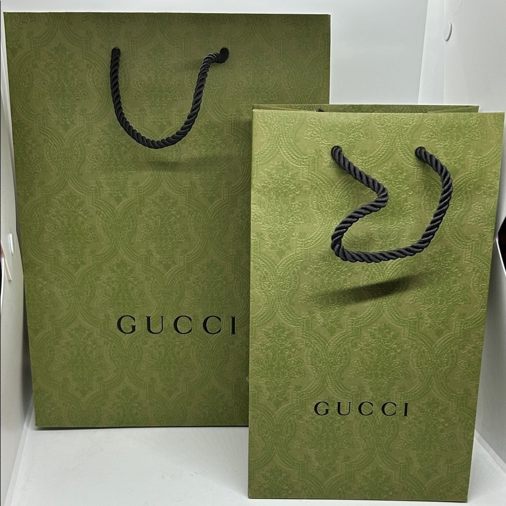 Gucci Olive Patterned Shopping Bags with Black Handles (Set of 2)